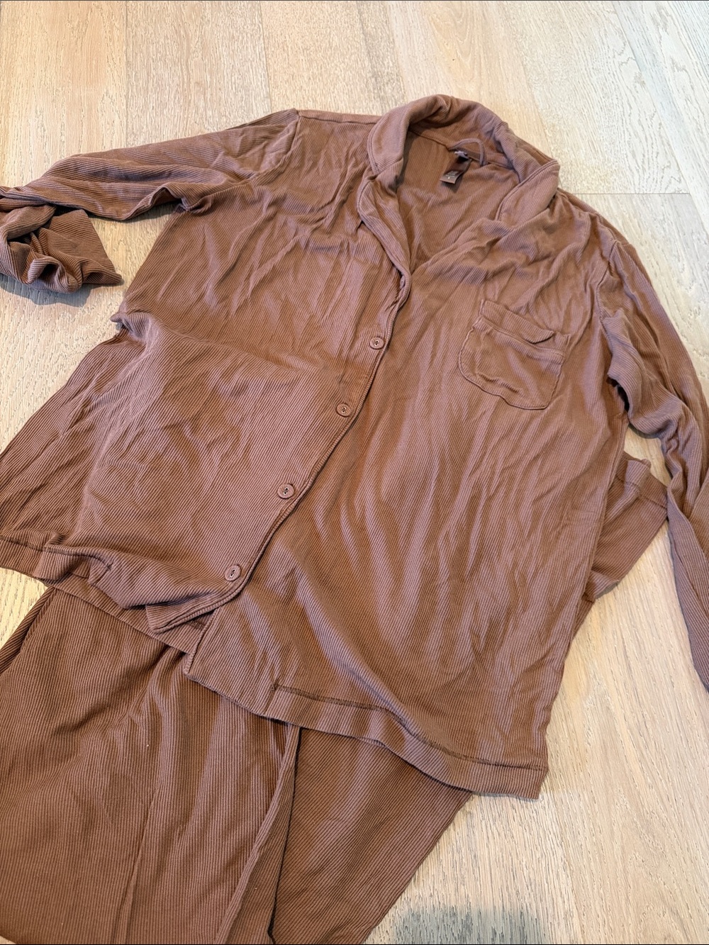 SKIMS Ribbed Two-Piece Pajama Set in Mocha Brown